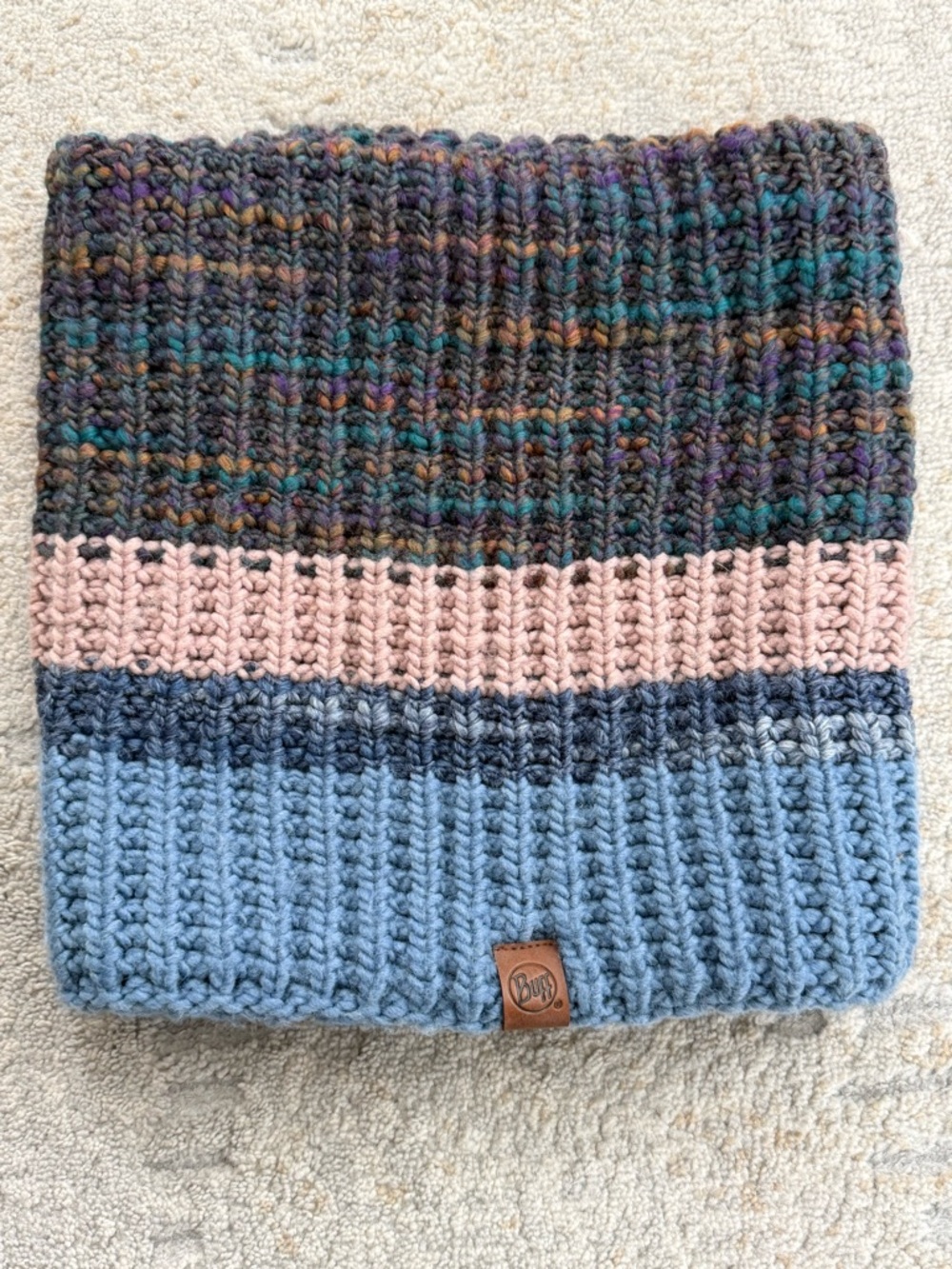 Buff Light Blue Knit Neck Warmer with Leather Logo. Never worn.